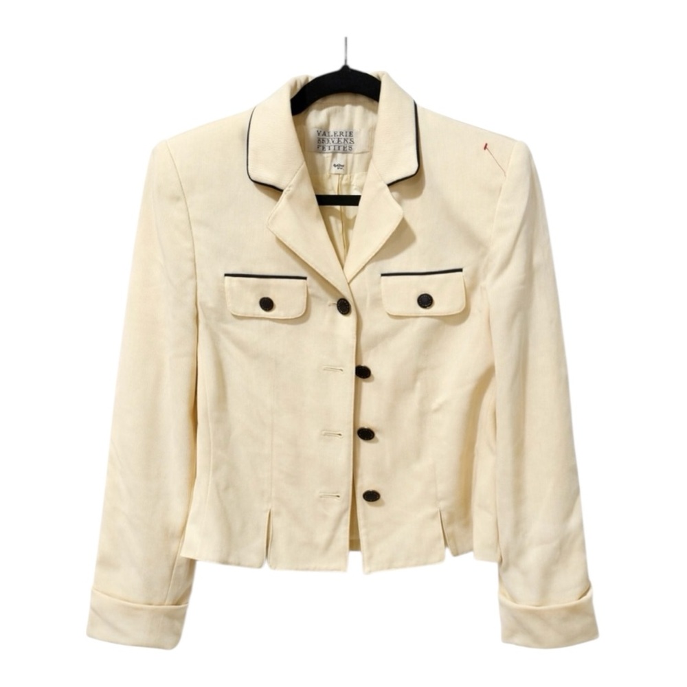 ❄️90s Valerie Stevens Yellow Cropped Blazer | Navy Piping | Vintage Chic | 8P